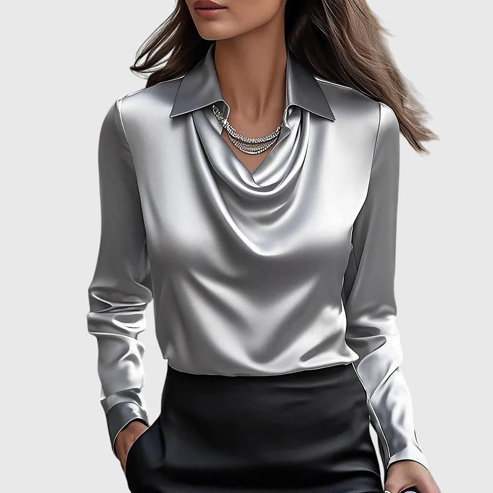 Luxurious shiny blouse with pleated collar